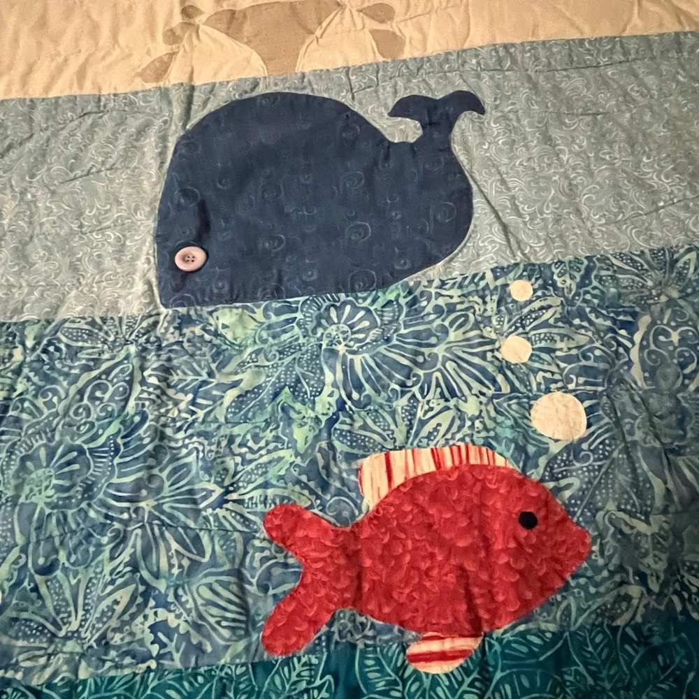 Handmade Quilt Baby Crib Blanket Appliqué Fish Whale Sea Nursery Wall hanging